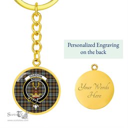 ScotsTee Shop Scottish Gordon Weathered Clan Crest Circle Pendant Tartan Luxury Keychain - Personalized Engraving