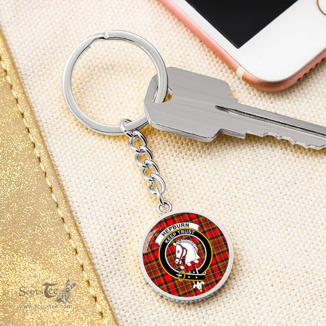 ScotsTee Shop Scottish Hepburn Clan Crest Circle Pendant Tartan Luxury Keychain - Personalized Engraving