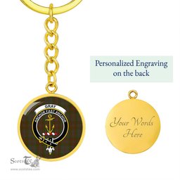 ScotsTee Shop Scottish Gray Hunting Clan Crest Circle Pendant Tartan Luxury Keychain - Personalized Engraving