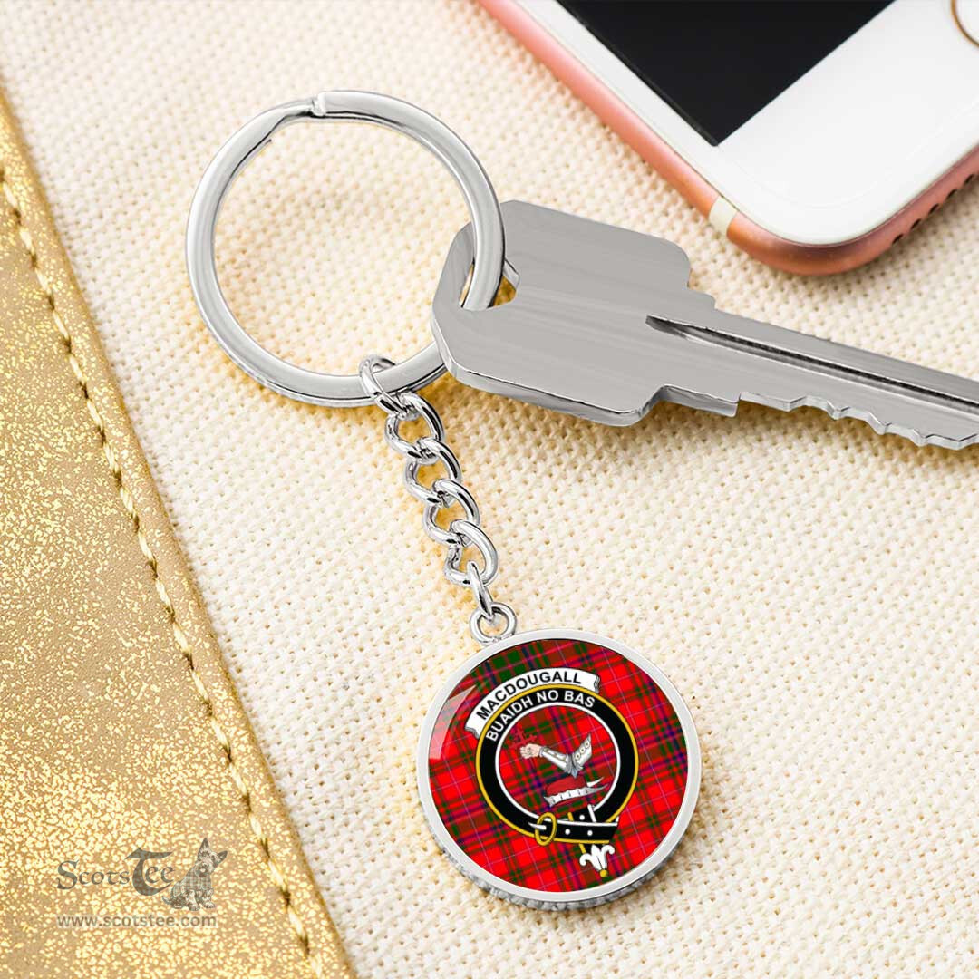 ScotsTee Shop Scottish MacDougall Modern Clan Crest Circle Pendant Tartan Luxury Keychain - Personalized Engraving