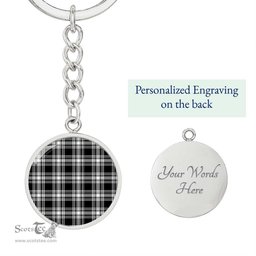 ScotsTee Shop Scottish Menzies Black & White Modern Clan Circle Pendant Tartan Luxury Keychain - Personalized Engraving