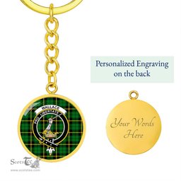 ScotsTee Shop Scottish Wallace Hunting Green Clan Crest Circle Pendant Tartan Luxury Keychain - Personalized Engraving