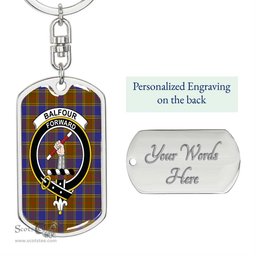 ScotsTee Shop Scottish Balfour Modern Clan Crest Dog Tag Pendant Tartan Luxury Keychain - Personalized Engraving