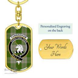 ScotsTee Shop Scottish Cunningham Dress Green Dancers Clan Crest Dog Tag Pendant Tartan Luxury Keychain - Personalized Engraving