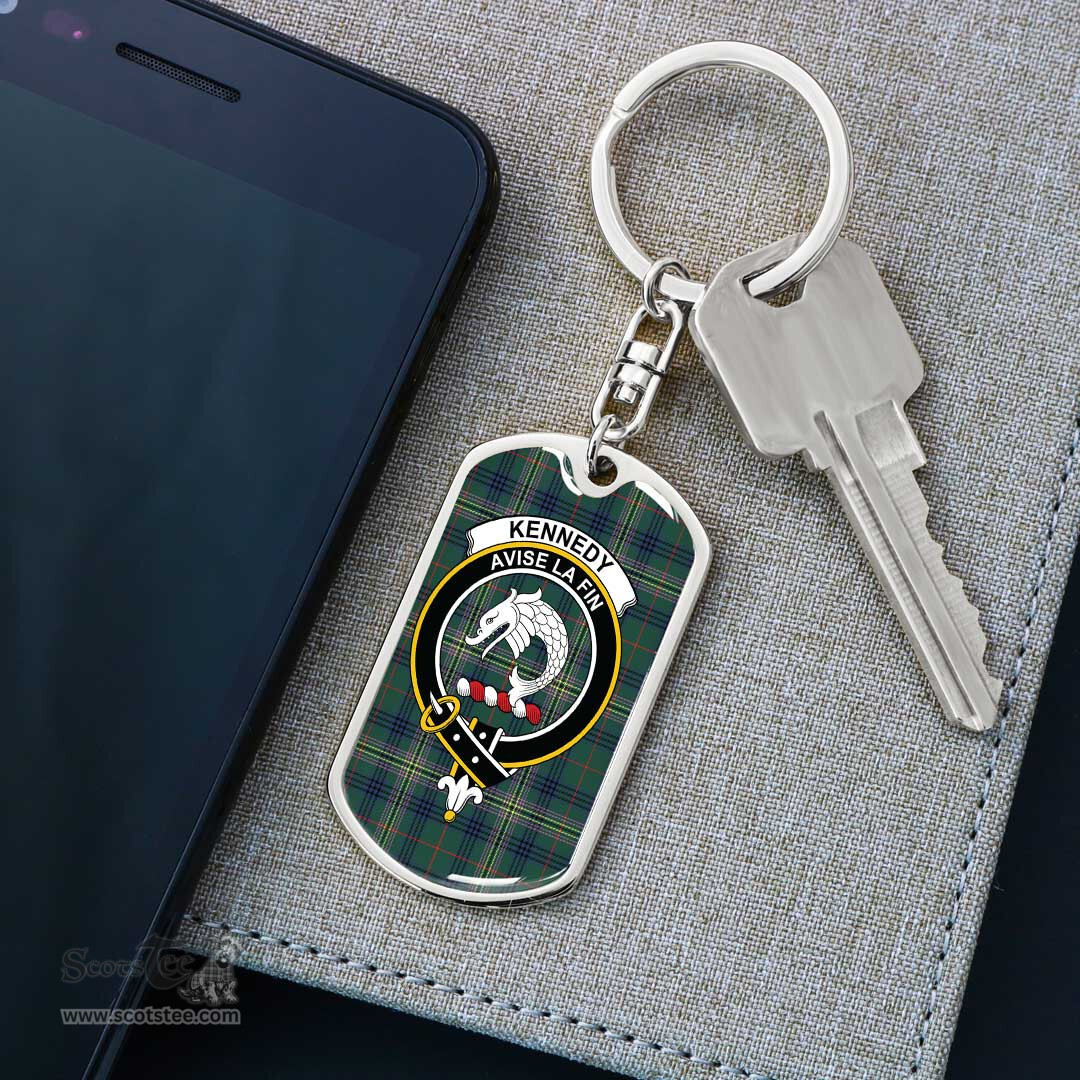 ScotsTee Shop Scottish Kennedy Modern Clan Crest Dog Tag Pendant Tartan Luxury Keychain - Personalized Engraving