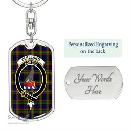 ScotsTee Shop Scottish Clelland Modern Clan Crest Dog Tag Pendant Tartan Luxury Keychain - Personalized Engraving