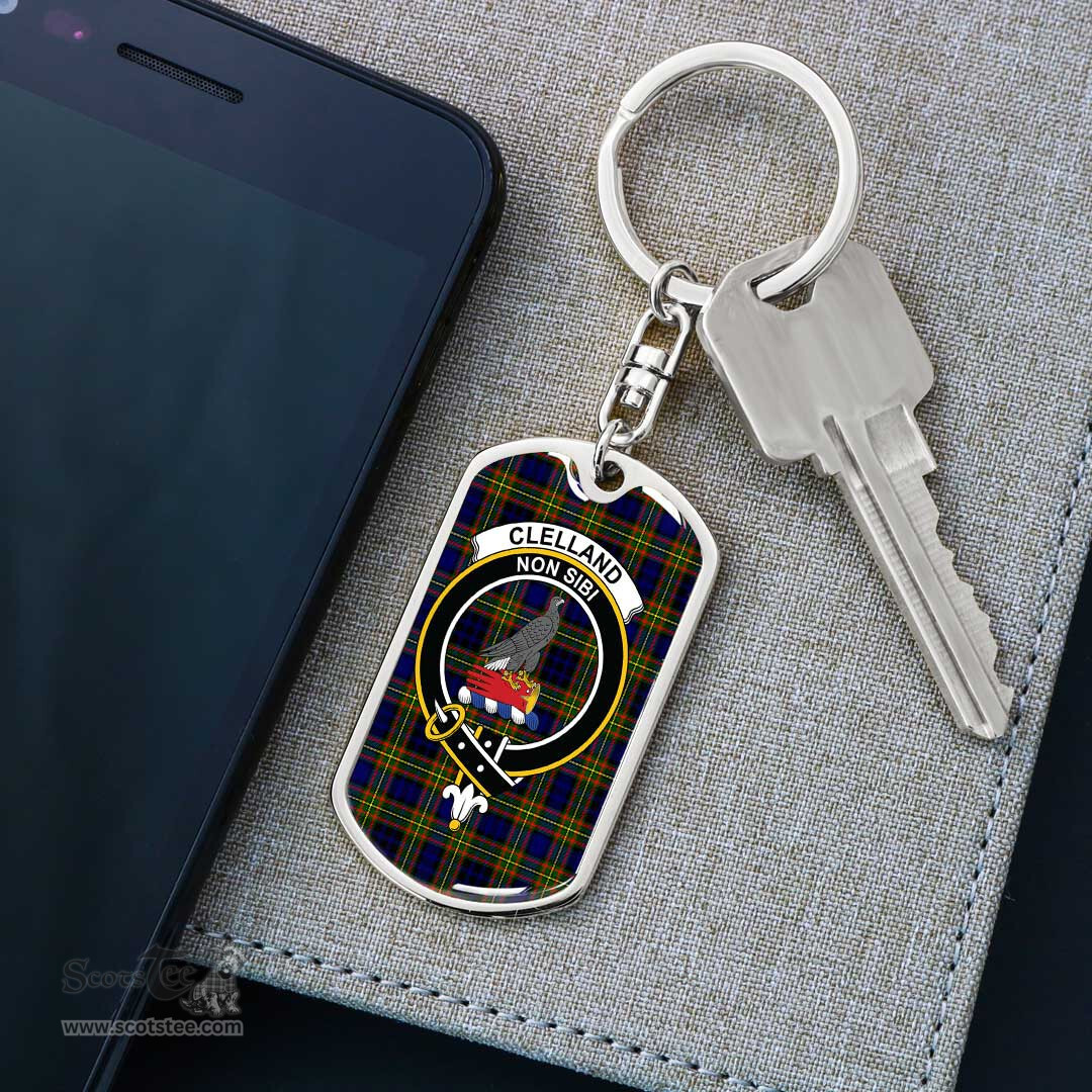 ScotsTee Shop Scottish Clelland Modern Clan Crest Dog Tag Pendant Tartan Luxury Keychain - Personalized Engraving
