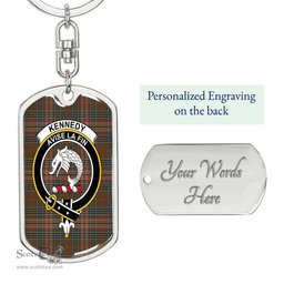 ScotsTee Shop Scottish Kennedy Weathered Clan Crest Dog Tag Pendant Tartan Luxury Keychain - Personalized Engraving