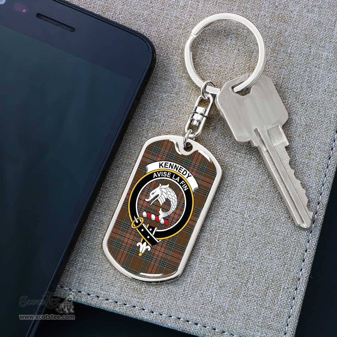 ScotsTee Shop Scottish Kennedy Weathered Clan Crest Dog Tag Pendant Tartan Luxury Keychain - Personalized Engraving