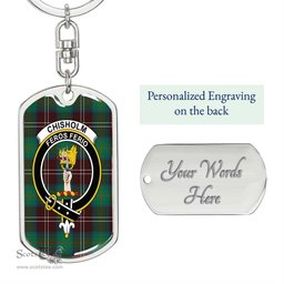 ScotsTee Shop Scottish Chisholm Hunting Ancient Clan Crest Dog Tag Pendant Tartan Luxury Keychain - Personalized Engraving
