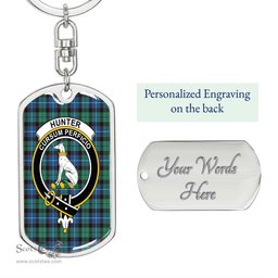 ScotsTee Shop Scottish Hunter Ancient Clan Crest Dog Tag Pendant Tartan Luxury Keychain - Personalized Engraving