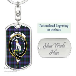 ScotsTee Shop Scottish Hunter Modern Clan Crest Dog Tag Pendant Tartan Luxury Keychain - Personalized Engraving