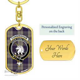 ScotsTee Shop Scottish Cunningham Dress Blue Dancers Clan Crest Dog Tag Pendant Tartan Luxury Keychain - Personalized Engraving
