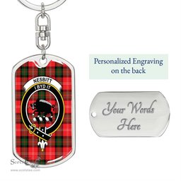 ScotsTee Shop Scottish Nesbitt Modern Clan Crest Dog Tag Pendant Tartan Luxury Keychain - Personalized Engraving