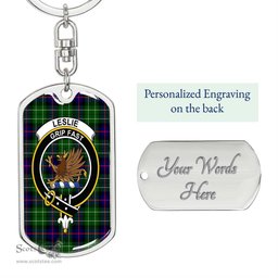 ScotsTee Shop Scottish Leslie Hunting Clan Crest Dog Tag Pendant Tartan Luxury Keychain - Personalized Engraving