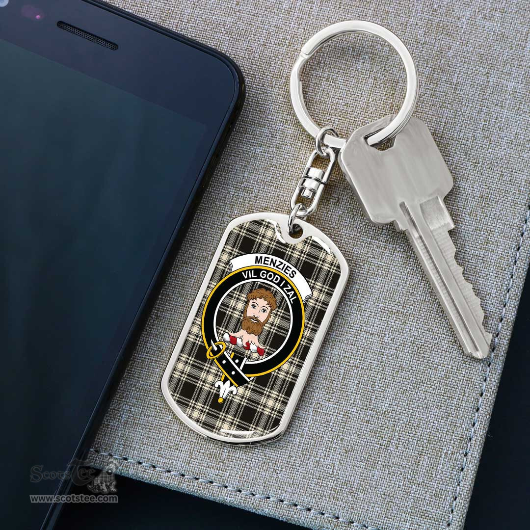 ScotsTee Shop Scottish Menzies Black White Ancient Clan Crest Dog Tag Pendant Tartan Luxury Keychain - Personalized Engraving