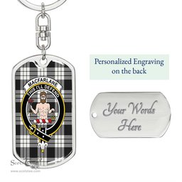 ScotsTee Shop Scottish MacFarlane Black White Ancient Clan Crest Dog Tag Pendant Tartan Luxury Keychain - Personalized Engraving