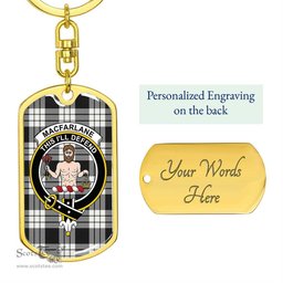 ScotsTee Shop Scottish MacFarlane Black White Ancient Clan Crest Dog Tag Pendant Tartan Luxury Keychain - Personalized Engraving