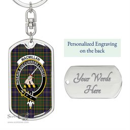 ScotsTee Shop Scottish MacMillan Hunting Modern Clan Crest Dog Tag Pendant Tartan Luxury Keychain - Personalized Engraving
