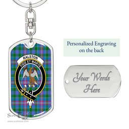 ScotsTee Shop Scottish Ralston Clan Crest Dog Tag Pendant Tartan Luxury Keychain - Personalized Engraving
