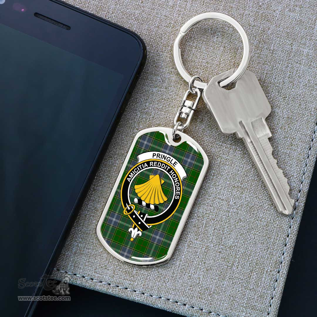 ScotsTee Shop Scottish Pringle Clan Crest Dog Tag Pendant Tartan Luxury Keychain - Personalized Engraving