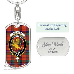 ScotsTee Shop Scottish Nicolson Ancient Clan Crest Dog Tag Pendant Tartan Luxury Keychain - Personalized Engraving