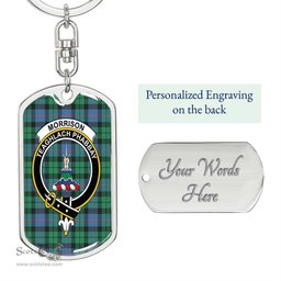 ScotsTee Shop Scottish Morrison Ancient Clan Crest Dog Tag Pendant Tartan Luxury Keychain - Personalized Engraving