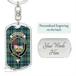 ScotsTee Shop Scottish MacDonald of the Isles Hunting Ancient Clan Crest Dog Tag Pendant Tartan Luxury Keychain - Personalized Engraving