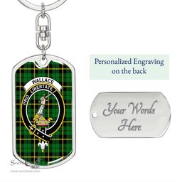 ScotsTee Shop Scottish Wallace Hunting Green Clan Crest Dog Tag Pendant Tartan Luxury Keychain - Personalized Engraving