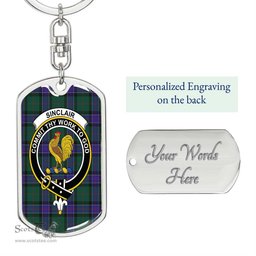 ScotsTee Shop Scottish Sinclair Hunting Modern Clan Crest Dog Tag Pendant Tartan Luxury Keychain - Personalized Engraving