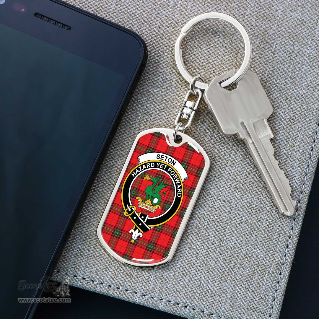 ScotsTee Shop Scottish Seton Modern Clan Crest Dog Tag Pendant Tartan Luxury Keychain - Personalized Engraving