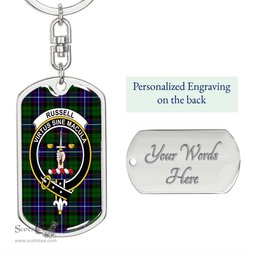 ScotsTee Shop Scottish Russell Modern Clan Crest Dog Tag Pendant Tartan Luxury Keychain - Personalized Engraving