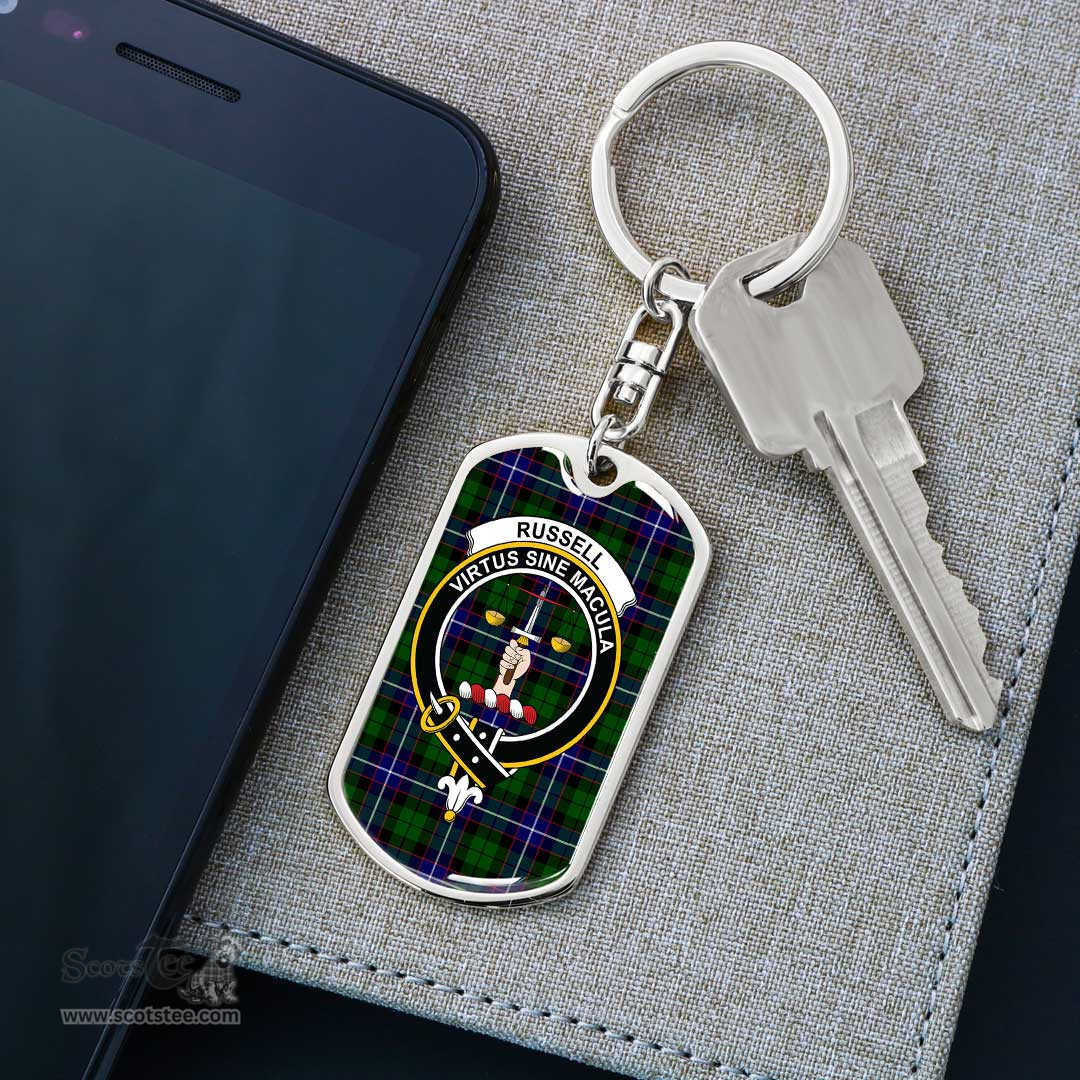 ScotsTee Shop Scottish Russell Modern Clan Crest Dog Tag Pendant Tartan Luxury Keychain - Personalized Engraving