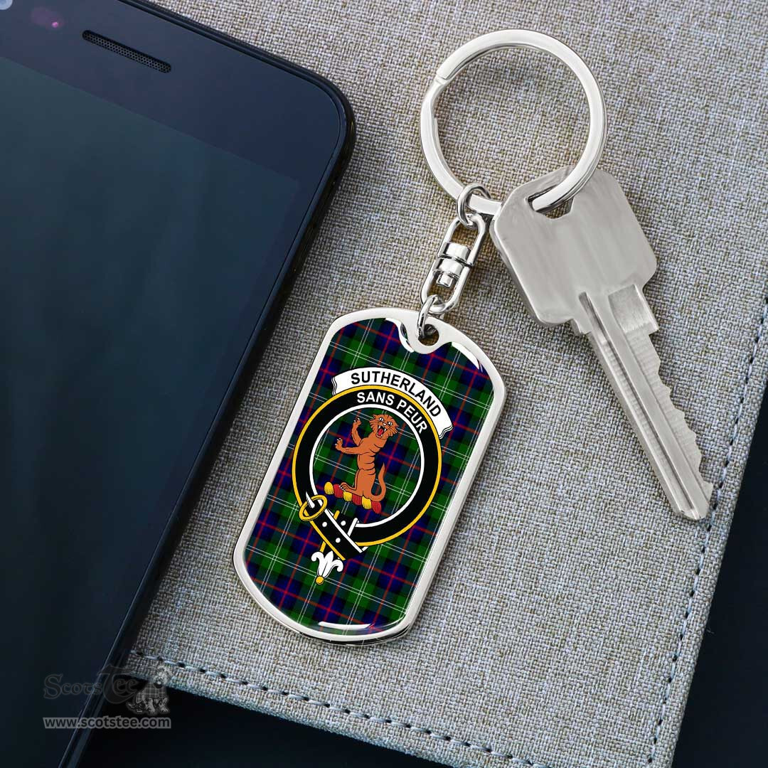 ScotsTee Shop Scottish Sutherland Modern Clan Crest Dog Tag Pendant Tartan Luxury Keychain - Personalized Engraving