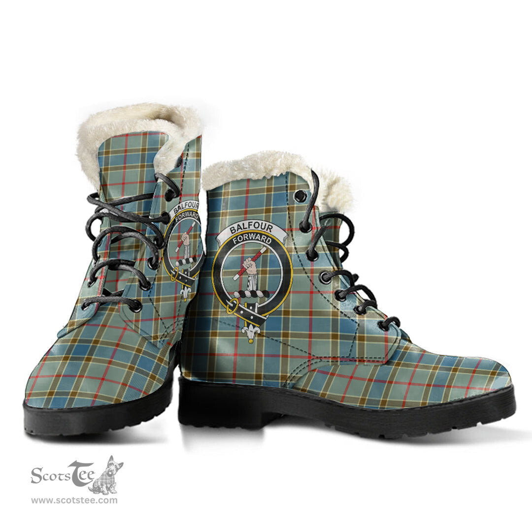 ScotsTee Shop Scottish Balfour Blue Clan Crest Faux Fur Tartan Leather Boots
