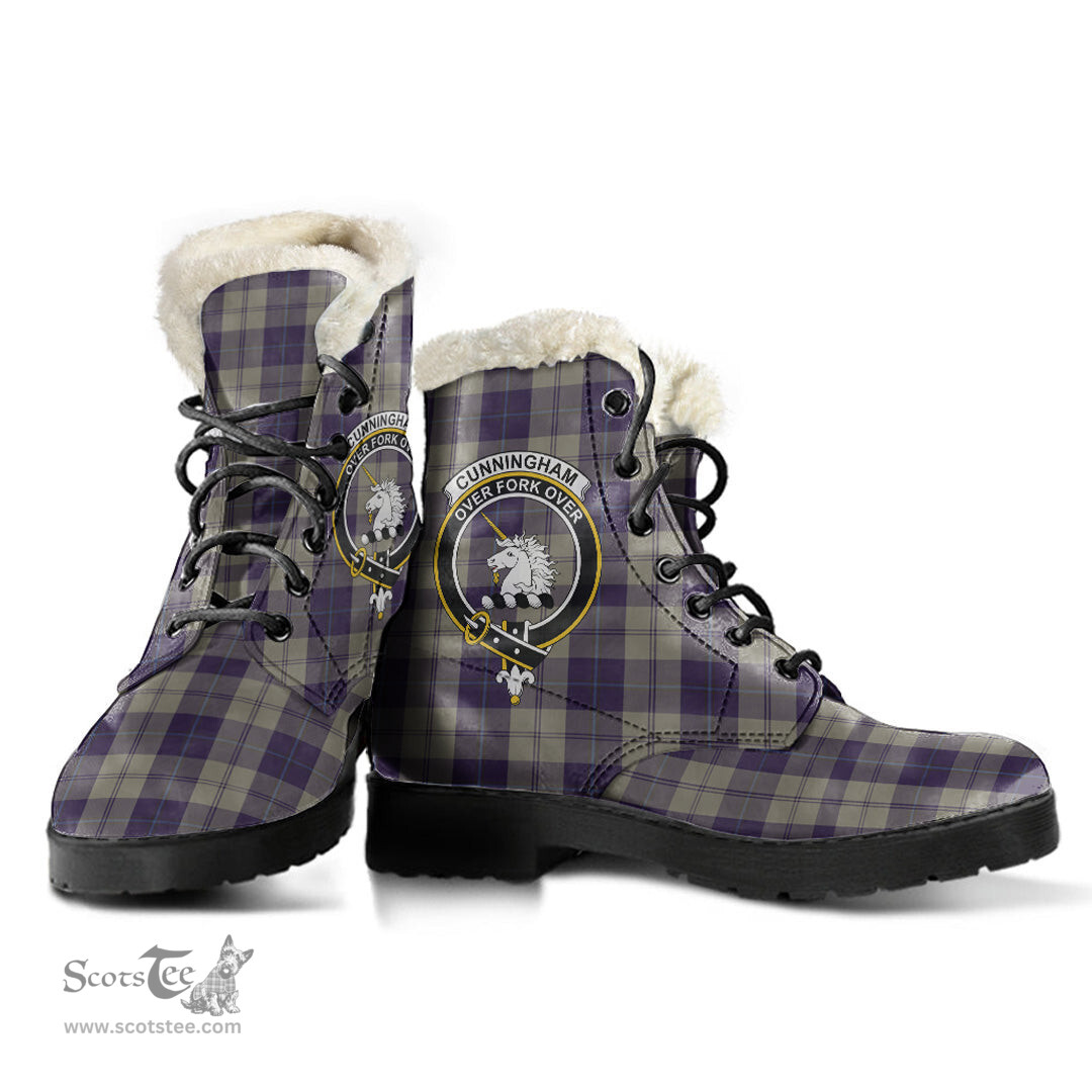 ScotsTee Shop Scottish Cunningham Dress Blue Dancers Clan Crest Faux Fur Tartan Leather Boots