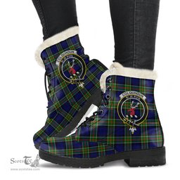 ScotsTee Shop Scottish Colquhoun Modern Clan Crest Faux Fur Tartan Leather Boots