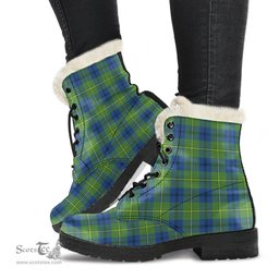 ScotsTee Shop Scottish Johnston Ancient Clan Faux Fur Tartan Leather Boots