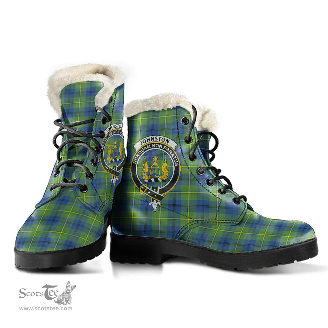 ScotsTee Shop Scottish Johnston Ancient Clan Crest Faux Fur Tartan Leather Boots