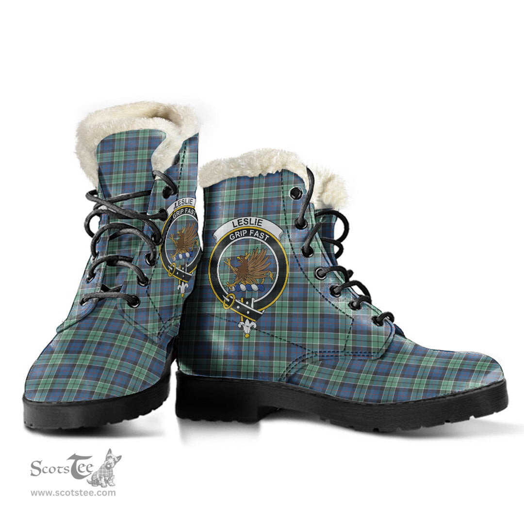 ScotsTee Shop Scottish Leslie Hunting Ancient Clan Crest Faux Fur Tartan Leather Boots