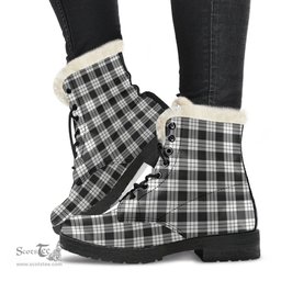 ScotsTee Shop Scottish MacFarlane Black White Ancient Clan Faux Fur Tartan Leather Boots