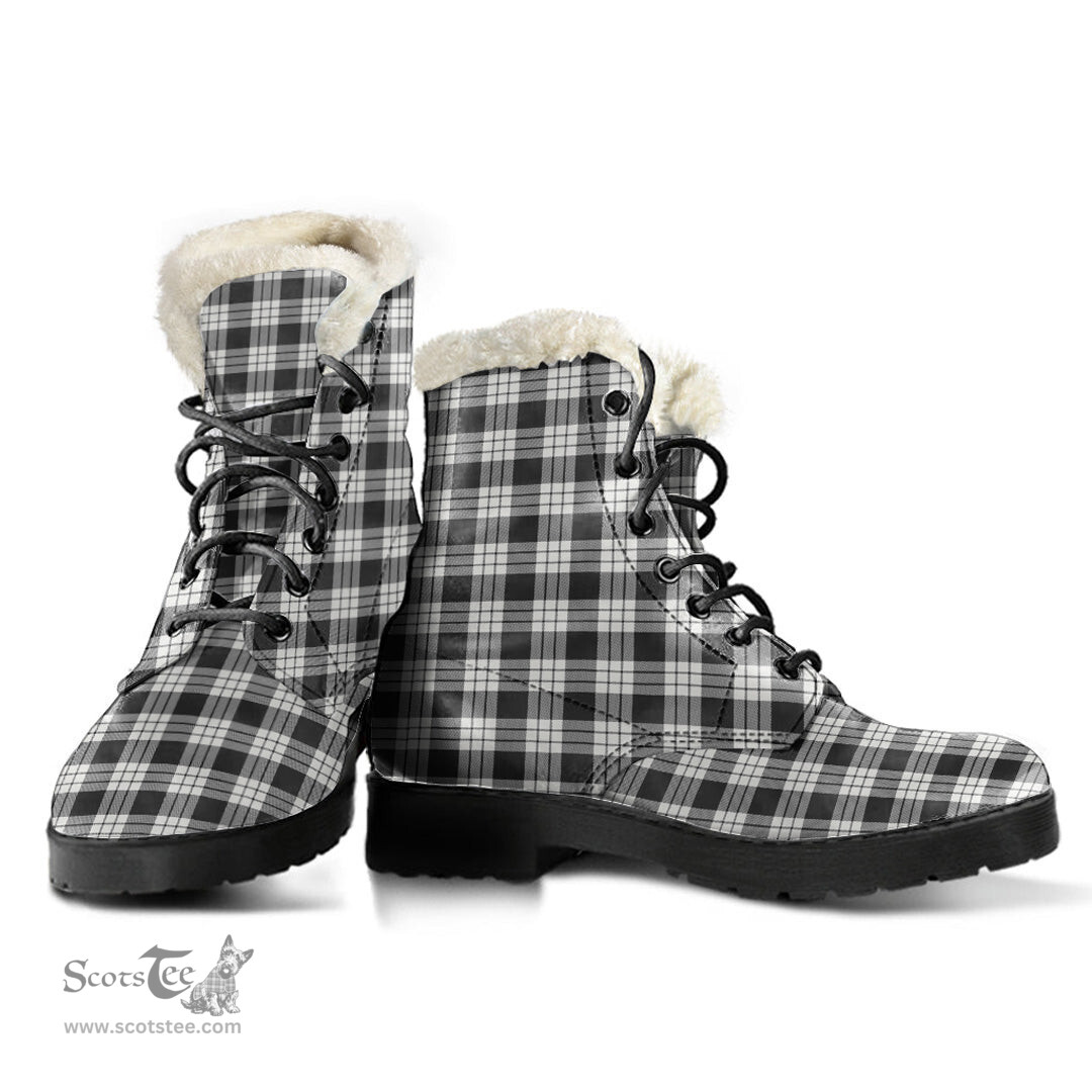 ScotsTee Shop Scottish MacFarlane Black White Ancient Clan Faux Fur Tartan Leather Boots