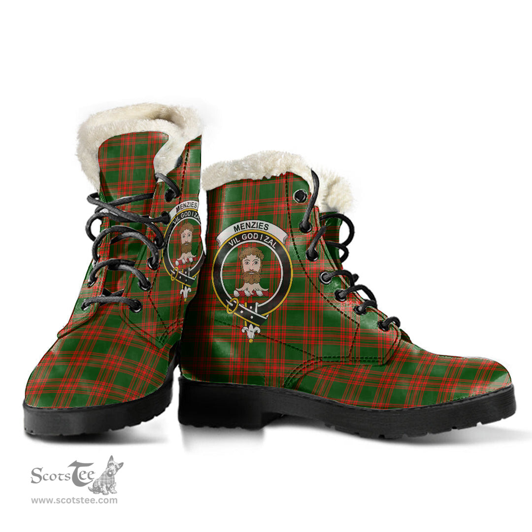 ScotsTee Shop Scottish Menzies Green Modern Clan Crest Faux Fur Tartan Leather Boots