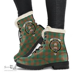 ScotsTee Shop Scottish Menzies Green Ancient Clan Crest Faux Fur Tartan Leather Boots