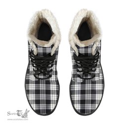ScotsTee Shop Scottish MacFarlane Black White Ancient Clan Crest Faux Fur Tartan Leather Boots