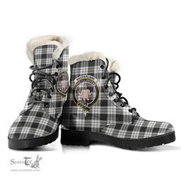 ScotsTee Shop Scottish MacFarlane Black White Ancient Clan Crest Faux Fur Tartan Leather Boots