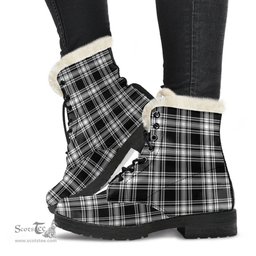 ScotsTee Shop Scottish Menzies Black White Modern Clan Faux Fur Tartan Leather Boots