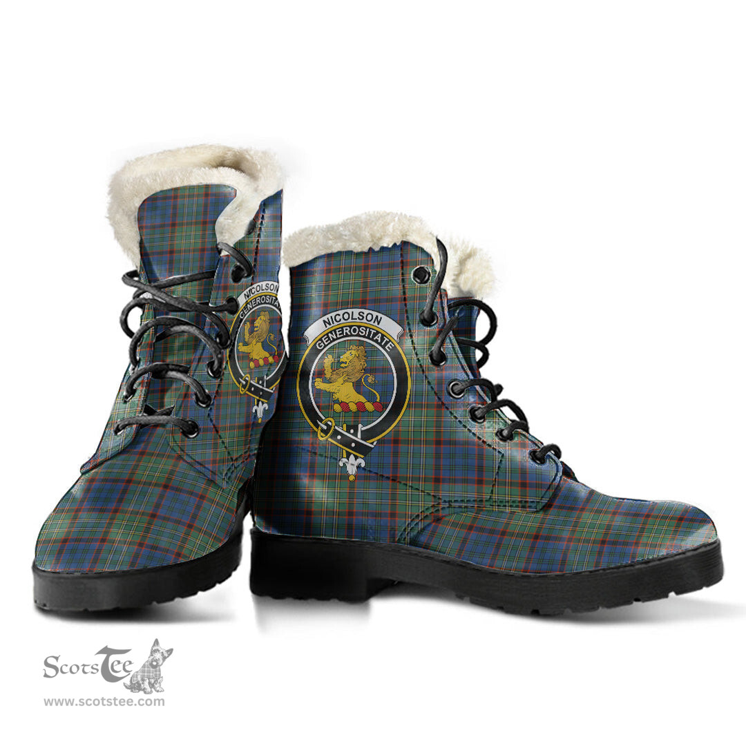 ScotsTee Shop Scottish Nicolson Hunting Ancient Clan Crest Faux Fur Tartan Leather Boots