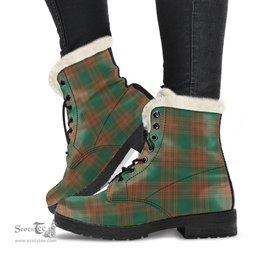 ScotsTee Shop Scottish Menzies Green Ancient Clan Faux Fur Tartan Leather Boots