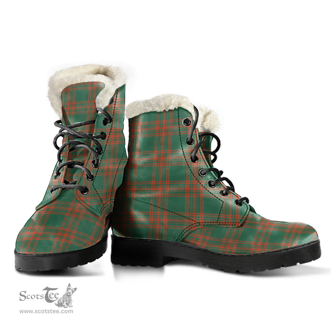 ScotsTee Shop Scottish Menzies Green Ancient Clan Faux Fur Tartan Leather Boots